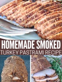 Collage of homemade smoked turkey pastrami. Sliced meat on a plate garnished with herbs, a whole seasoned turkey breast, and recipe text overlay.