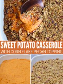 Title reads "Sweet Potato Casserole with Corn Flake Pecan Topping." The image shows creamy mashed sweet potato in a dish, topped with a crunchy cornflake pecan crust, featuring a wooden spoon scooping some from the top.