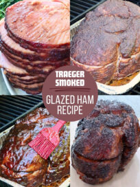 Collage of glazed ham images showcasing preparation steps. Includes sliced ham, a seasoned ham on a grill, glazing with a brush, and the final cooked ham. Text overlay says "Traeger Smoked Glazed Ham Recipe."