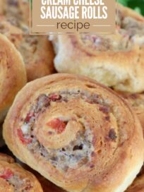 Close-up of golden-brown cream cheese sausage rolls, with visible meat and tomato bits. Text overlay highlights an easy four-ingredient recipe.