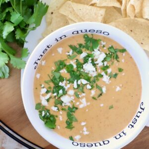 A bowl of creamy queso topped with cilantro and crumbled cheese is beside tortilla chips and cilantro leaves. The bowl reads "Just in queso."