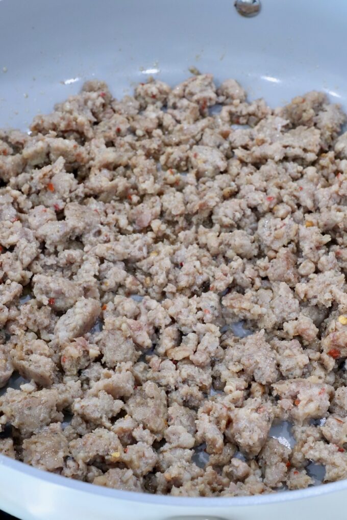 cooked ground sausage in a skillet