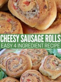 Close-up of golden-brown cheesy sausage rolls with visible spirals, topped with bits of sausage and cheese. Text overlay reads, "Cheesy Sausage Rolls, Easy 4 Ingredient Recipe."
