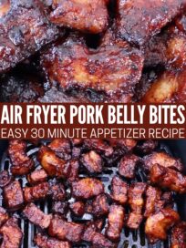 Close-up of glossy, caramelized pork belly bites in a bowl and in an air fryer basket. Text overlay reads "Air Fryer Pork Belly Bites: Easy 30 Minute Appetizer Recipe."