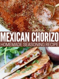 A close-up of Mexican chorizo seasoning mix in a bowl with a spoon. Below, crispy tacos with chorizo filling. Text reads: "Mexican Chorizo Homemade Seasoning Recipe."