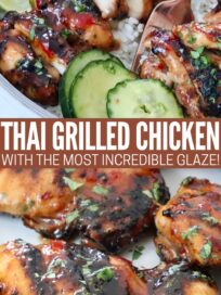 Juicy Thai grilled chicken slices on rice with lime and cucumber garnish, topped with glossy glaze. Bottom view shows close-up of glazed chicken pieces. Text overlay reads: 'Thai Grilled Chicken with the Most Incredible Glaze!'"
