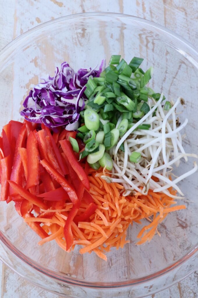 A clear bowl on a textured surface holds vibrant red bell peppers, shredded carrots, bean sprouts, green onions, and purple cabbage.