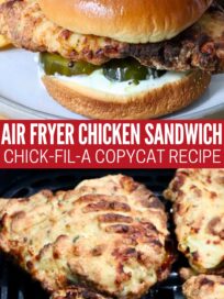 Air fryer chicken sandwich on a bun with pickles and sauce, served with waffle fries on a plate. Below image of air fried pieces of chicken in an air fryer basket. Text overlay reads: "Air Fryer Chicken Sandwich, Chick-Fil-A Copycat Recipe."