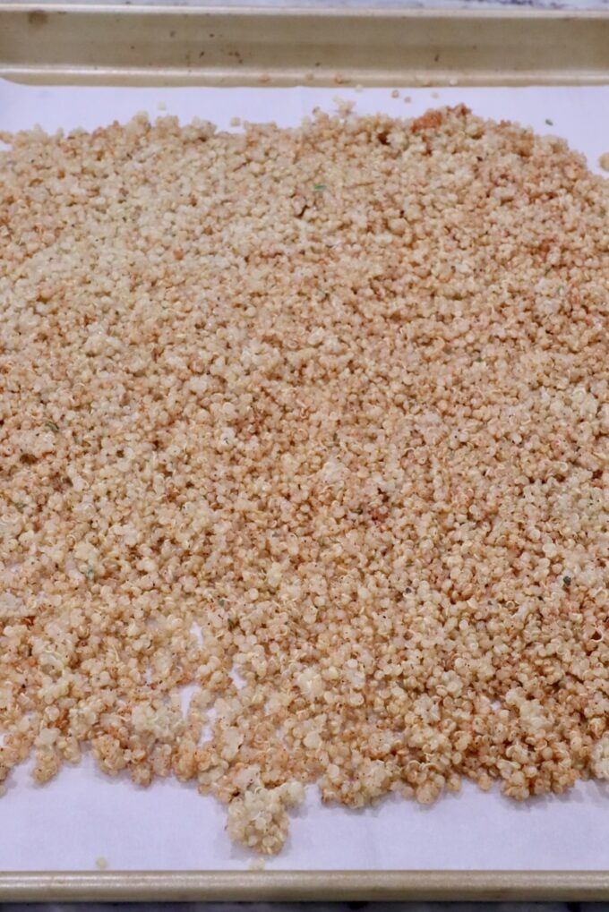 seasoned cooked quinoa spread out on a parchment lined baking sheet