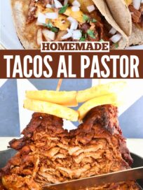 Homemade Tacos Al Pastor shown with two tacos filled with marinated pork, pineapple, onions, and cilantro. Below, vertical rotisserie of spiced pork with pineapple garnish. Text overlay: 'Homemade Tacos Al Pastor.'