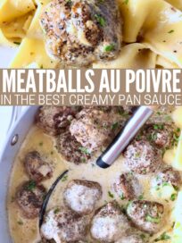 Meatballs au poivre with creamy sauce in a pan, garnished with parsley, alongside ribbon-shaped pasta.